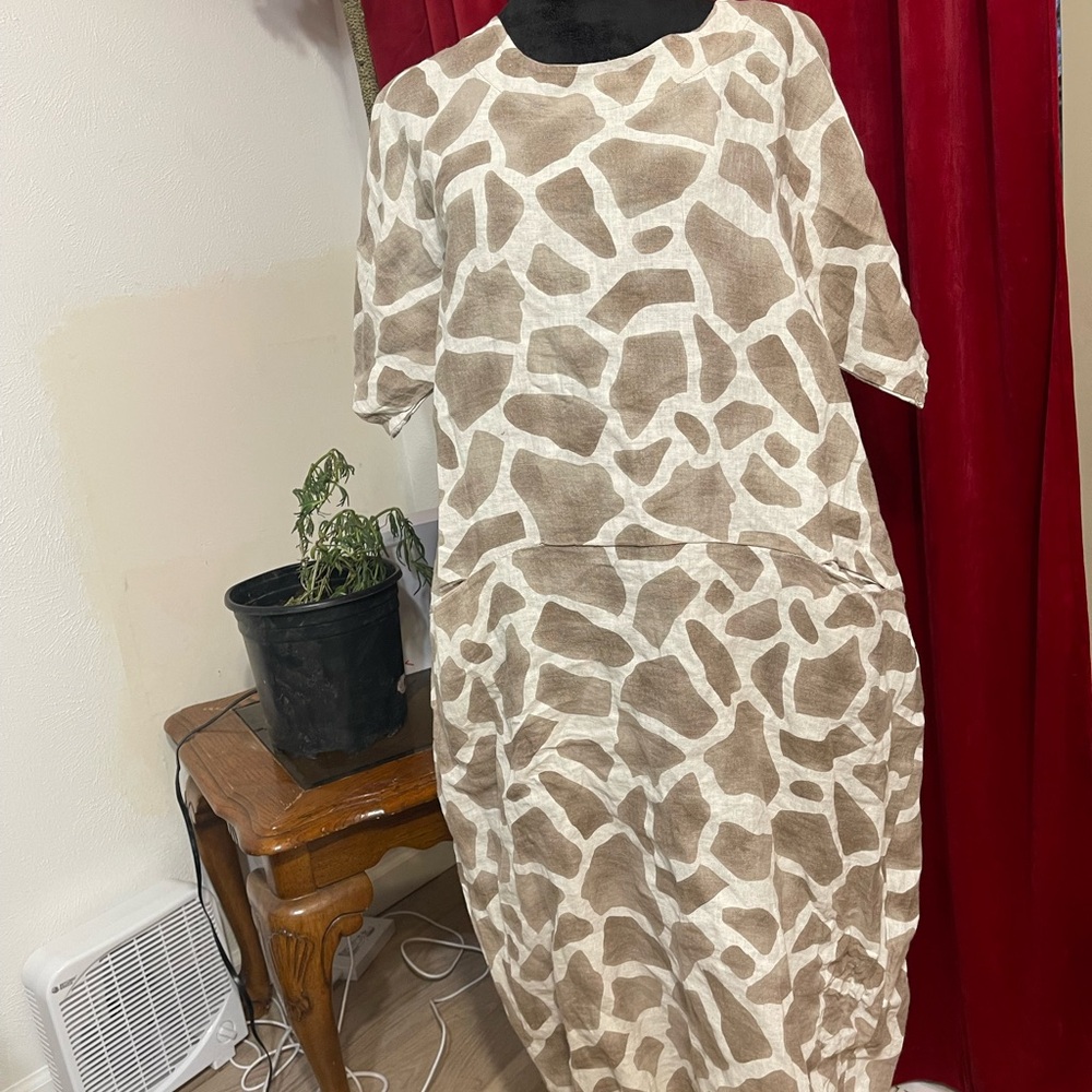 100% linen Elegant Brown and Cream Midi Dress